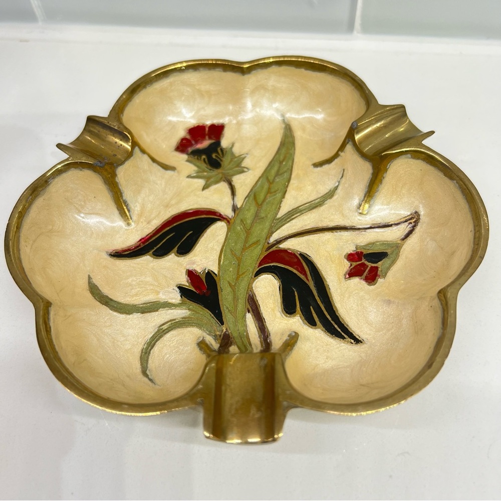 Vintage Brass Cloisonné Ashtray Made in India Heavy Flower Enamel Handpainted